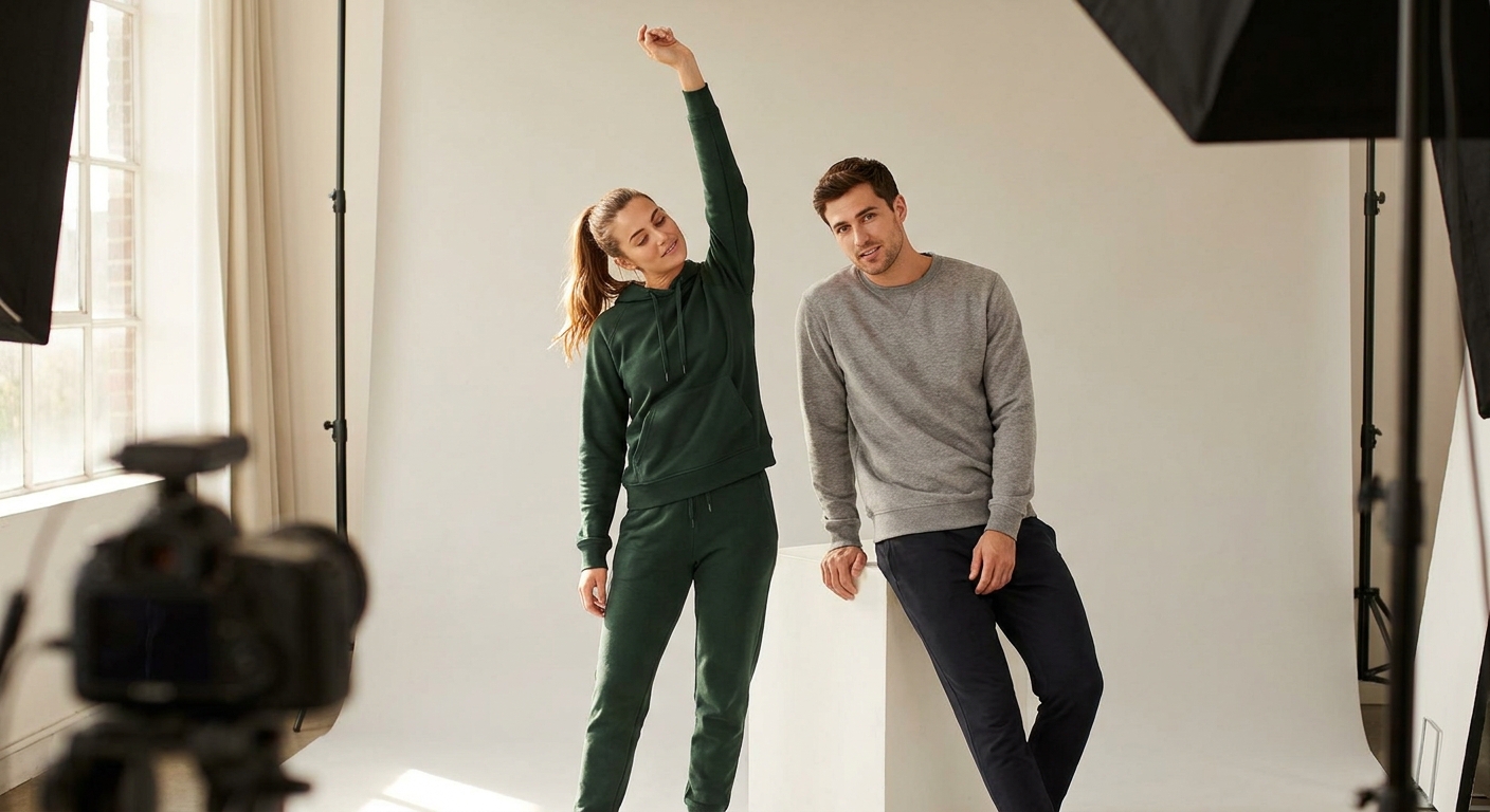 Two athletes wearing a green Qkumbr hoodie and a grey crew sweatshirt in a studio